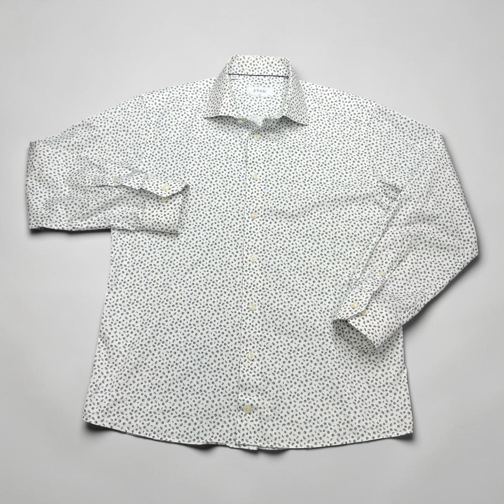 Eton‎ Mens Slim Fit Umbrella Print Preppy Dress Shirt White Blue 16 41